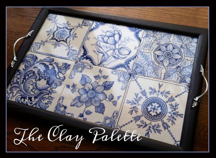7 Best Custom Tile Serving Trays Hand Painted By The Clay Palette Victorian Tile Serving Tray In Blues