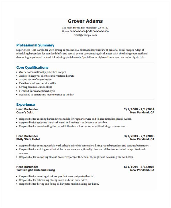 14 bartender resume templates free printable word pdf free bartender resume template
