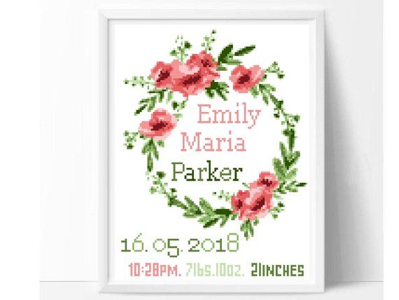 Cross Stitch Pattern Cherry blossom wreath cross stitch floral baby girl announcement nursery personalized custom Digital Format - PDF
