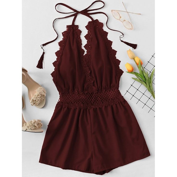 Lace Trim Open Back Halter Romper