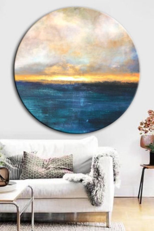 Сircular Large Original Painting On Canvas Ocean Painting Sunset Painting Landscape Painting Blue