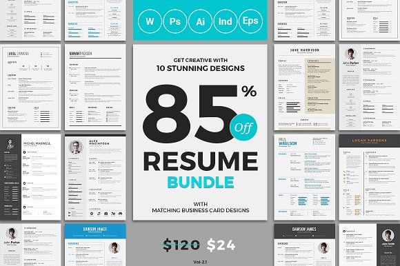 10 Resume/CV Bundle - Total 10 Resume+Cover Letter and Matching Business Card Templates The best resumes at best price is here, you will get all types of resume templates in four different formats Microsoft word, Photoshop, Illustrator and InDesign. All artwork and text are FULLY CUSTOMIZABLE. @creativework247