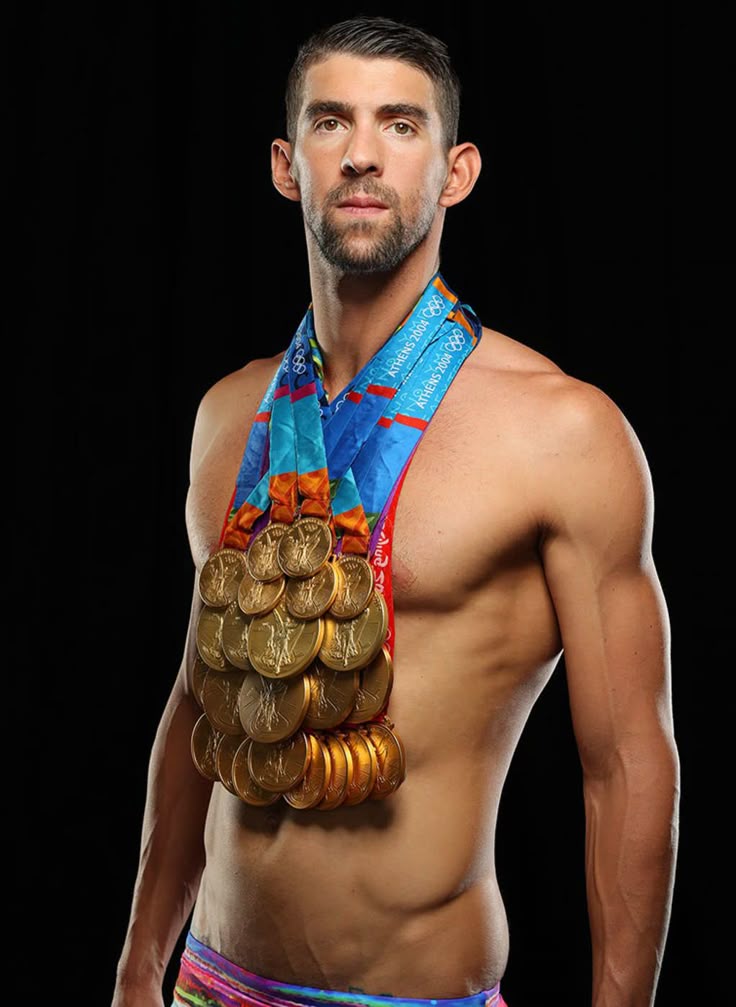 A Man With No Shirt On Wearing A Medal Around His Neck And Coins In His A Man With No Shirt On Wearing A Medal Around His Neck And Coins In His