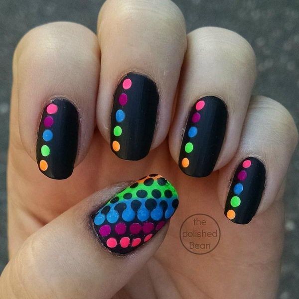 Black-Rainbow-Polka-Dot-Nails – 30 Adorable Polka Dots Nail Designs