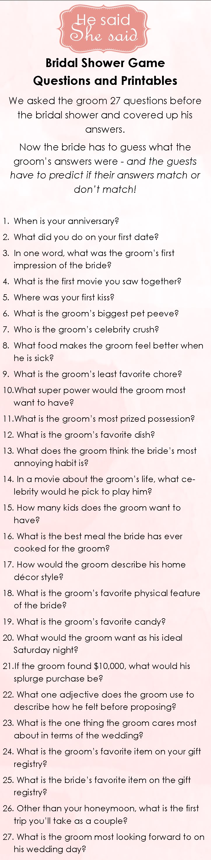 He Said She Bridal Shower Questions And Printables He Said She Bridal Shower Questions And Printables B R I D A L S H O W E C T P Y In 2018 Pinterest