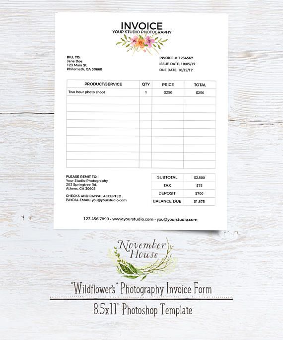 Brand your photography business beautifully with this Wildflower Invoice Form. The form comes as a Photoshop file, which you can edit, save as pdf, then either print and mail or email to your clients. Click to learn more!