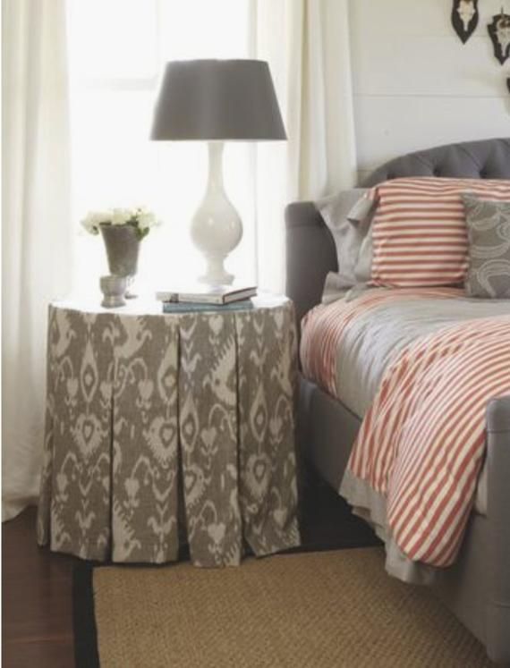 Bedside Table Skirt Ikat Cloth Pleated Box Pleats Beige Round Decor Side Tables Bedroom Bedside Table Skirt Ikat Cloth, Round Bedside Table Covers