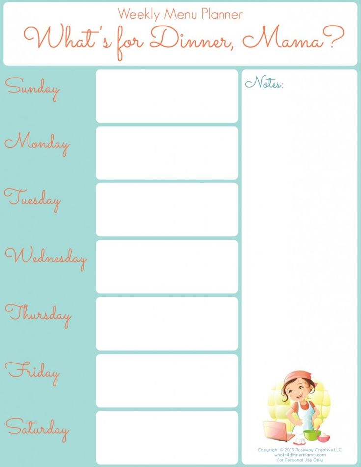 weekly dinner menu templates