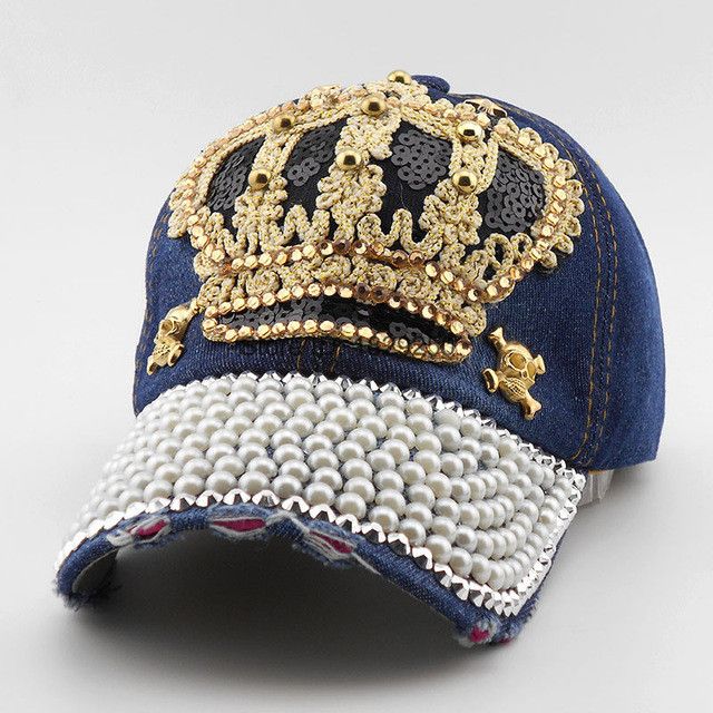 ladies baseball caps with bling luxury women cap brand crown pearl sequins hip hop vintage denim snap back womens hats ladies baseball caps with bling luxury women cap brand crown pearl sequins hip hop vintage denim snap back womens hats