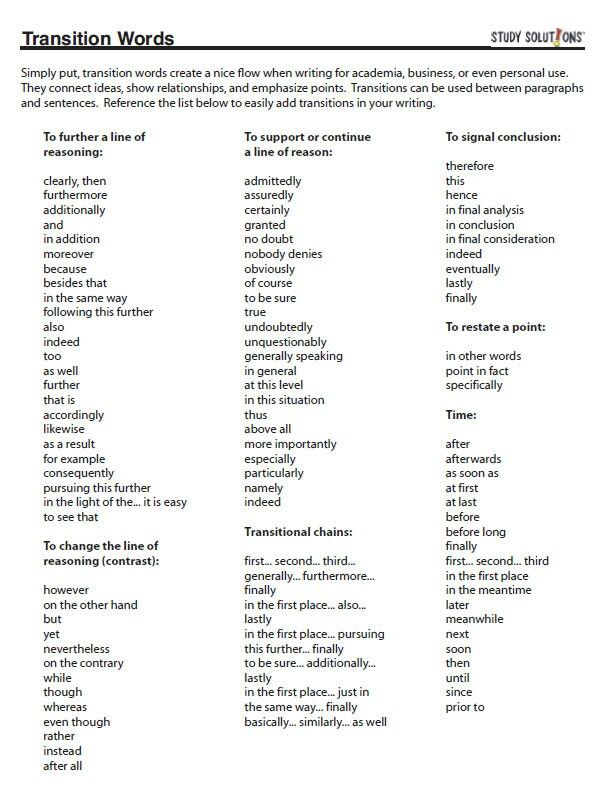 transition words list for essays