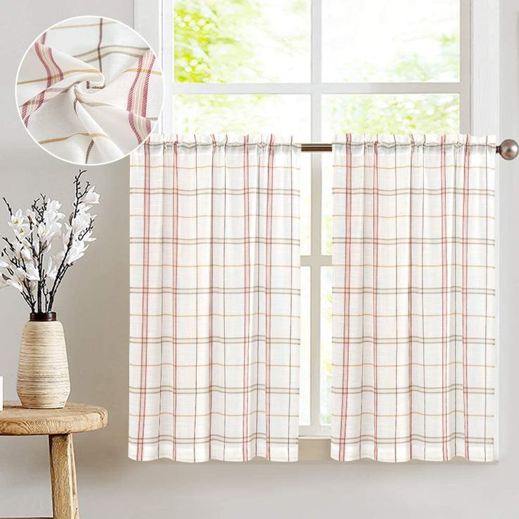 White Tier Curtains For Kitchen Red And Taupe Check On Sheer Classic Buffalo Checke Small Window Kitchen Curtains White Sheer, 36 Inch Long Cafe Curtains