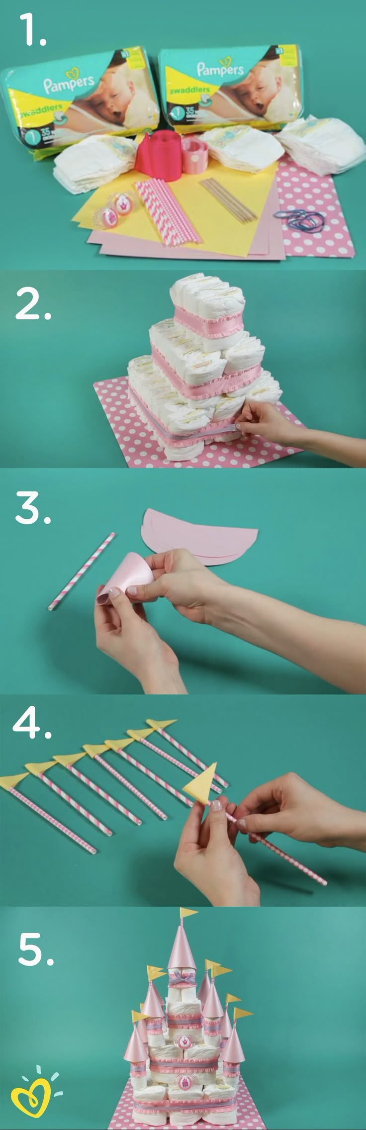 Learn how to create this fun DIY princess diaper cake castle with an easy step-by-step video. This would make a wonderful baby shower gift, decoration, or thoughtful surprise for your close friend and her new bundle of joy.
