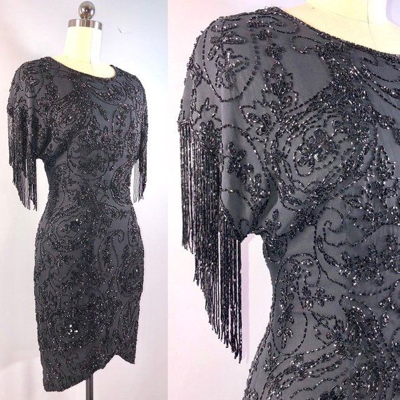 Unique Vintage Black Beaded Sequin Margaux Sleeved Fringe Flapper Dress Fashion Long Cocktail Dress Black Cocktail Dress
