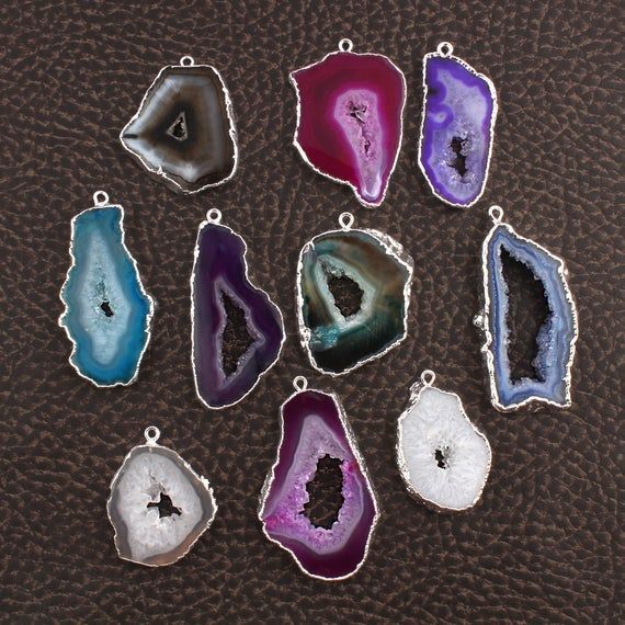 Single Bail Connectors Natural Agate Geode Slice Silver Plated DIY Pendants