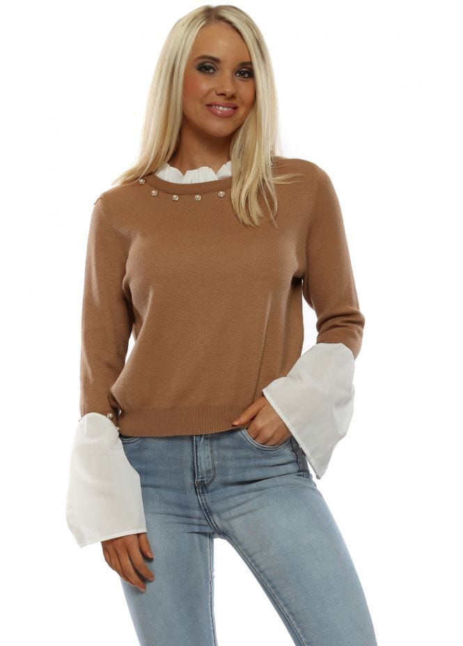 pleated hem pearl detail ladies blouse SHK Paris Ruffle sleeve