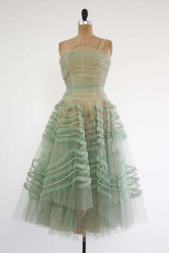 Vintage 50s Green Tulle Prom Dress