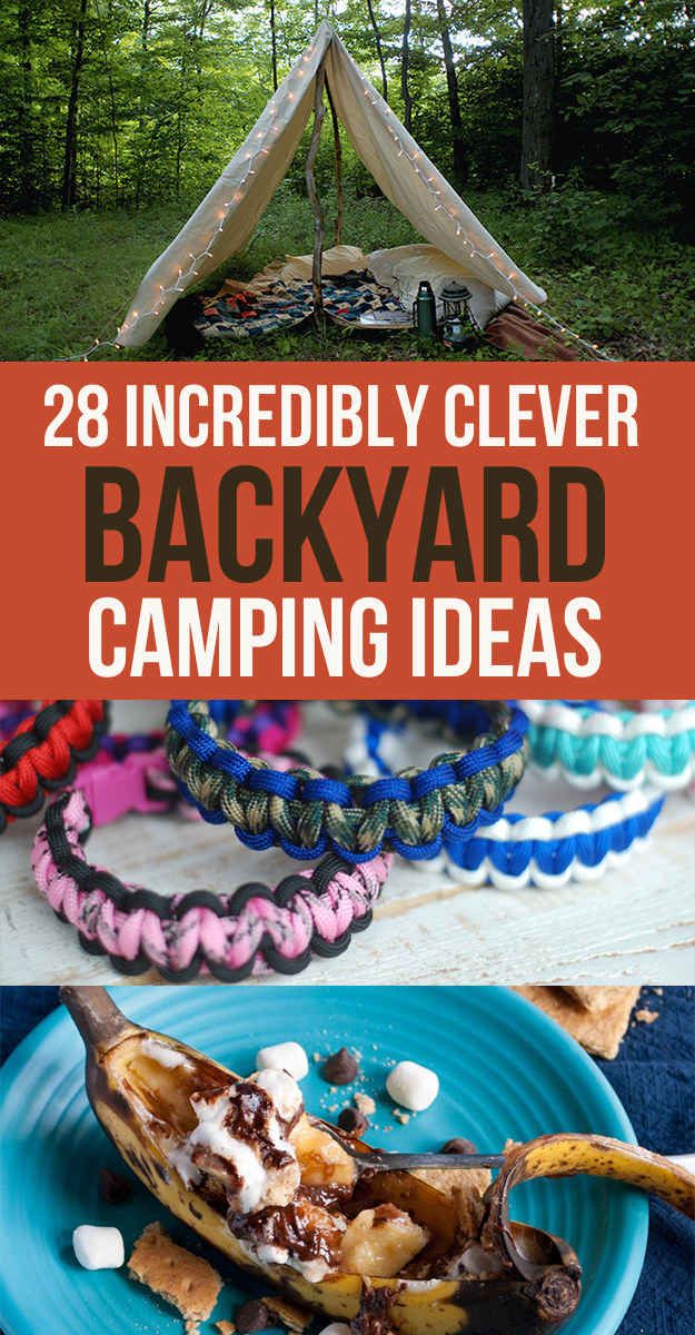 the back yard camping tent with text overlay that reads, 28 incredibly ...