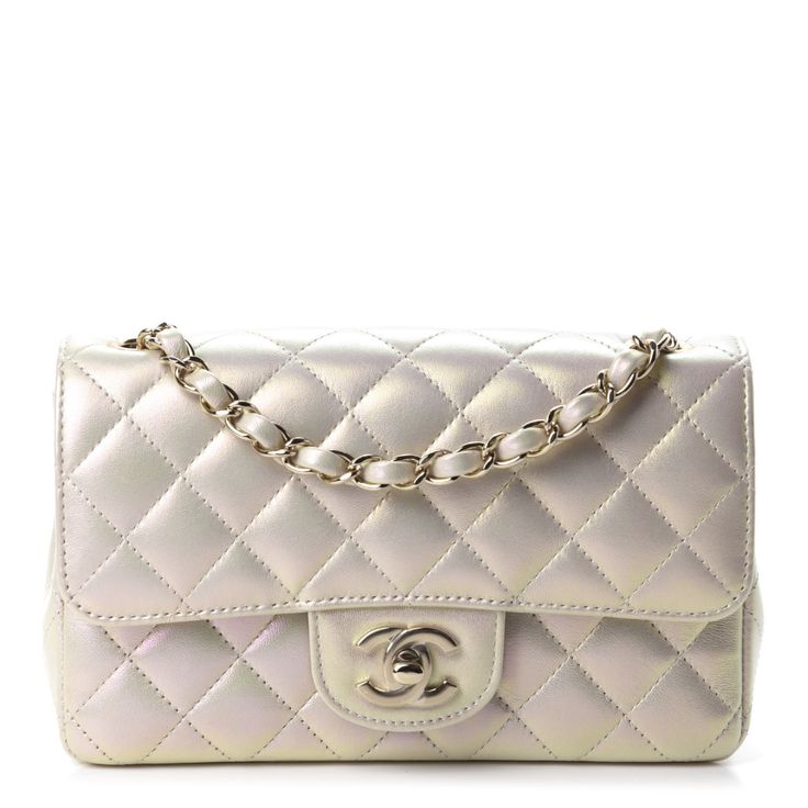 CHANEL Iridescent Lambskin Quilted Mini Rectangular Flap Ivory