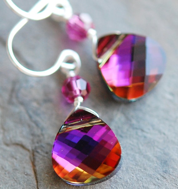 pink purple orange colors Volcano Crystal Briolette Sterling Silver Necklace pink purple orange colors Volcano Crystal Briolette Sterling Silver Necklace