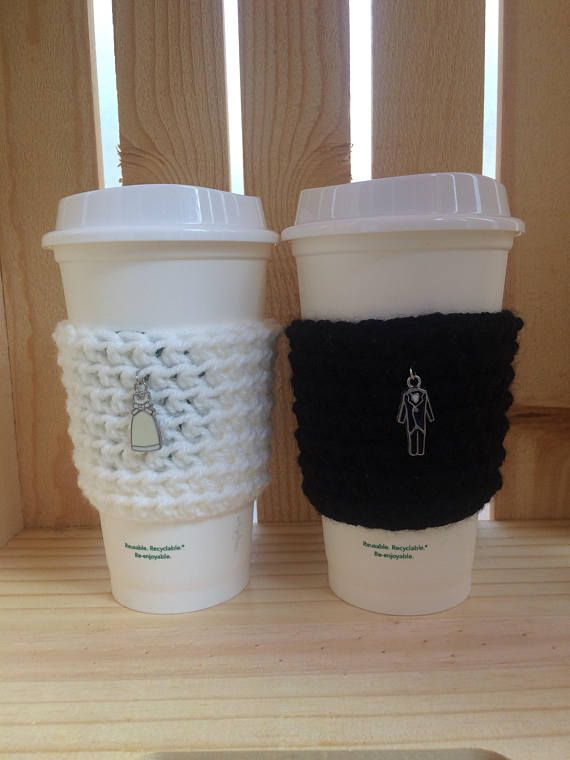 bride groom crochet knit coffee sleeve cozy set of 2 starbucks