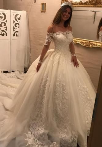 Lace Ball Gowns Princess Luxurious Long Sleeves Wedding Dresses with Boat Beck