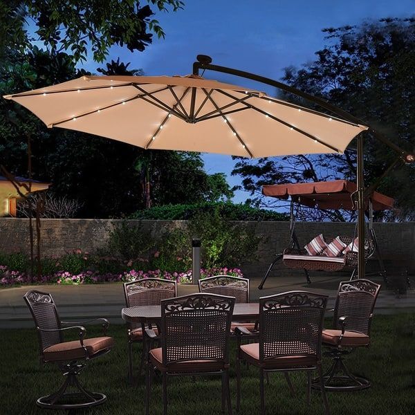 Costway 10 Hanging Solar Led Umbrella Patio Sun Shade Offset Market W Base Beige On Free S Lights Best Hanging Solar Led Umbrella Patio, Costway 10 Patio Umbrella With Solar Power Led Lights And Base Beige