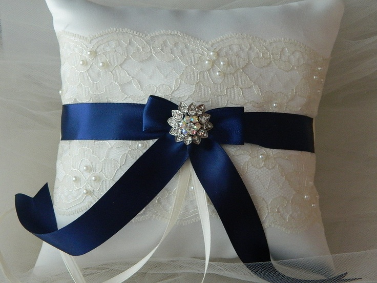 wedding ring bearer pillow navy blue and ivory satin and lace ringbearer pillow - Wedding Ring Pillow wedding ring bearer pillow navy blue and ivory satin and lace ringbearer pillow - Wedding Ring Pillow