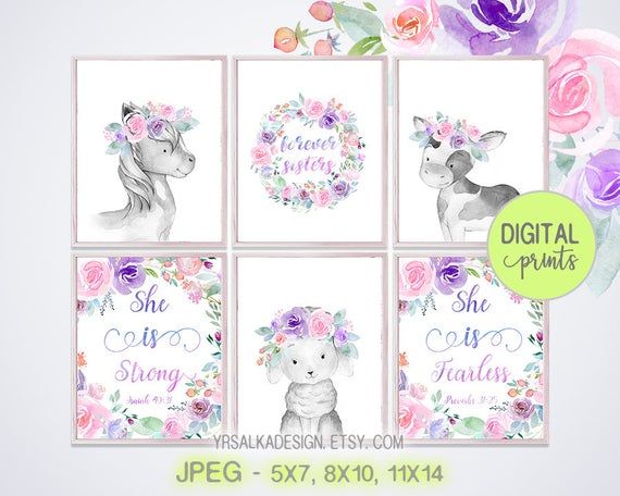 Animal bible nursery Purple farm animals nursery wall art Sister room decor 8x10 11x14 Instant download Twin girl nursery decor