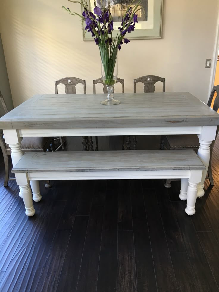 Farmhouse Table With Light Grey Base And Distressed Dark Top Farmhouse Table With Light Grey Base And Distressed Dark Top 4x4 S 4x6 Were Used To Build The Matching Bench For More Se