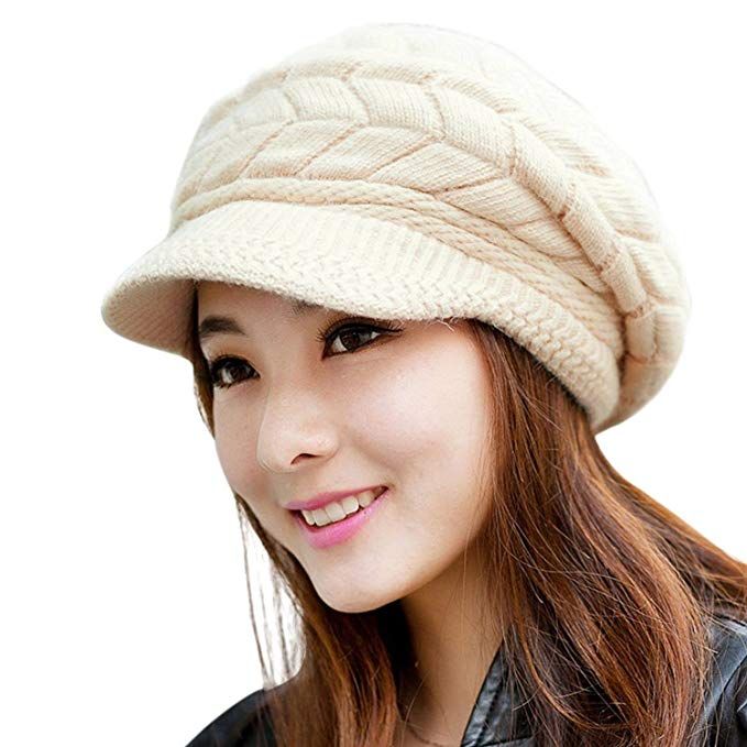 Women Winter Warm Knit Hat Beret Baggy Beanie Hat Snow Slouchy Ski Caps with Visor Red