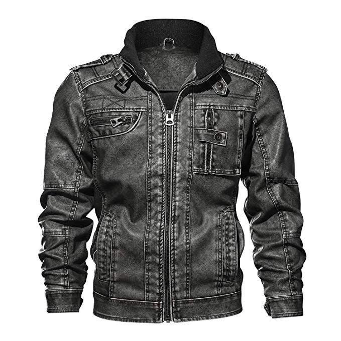 CRYSULLY Mens Fall Faux Leather Jacket Vintage Stand Collar Zipper Pu Leather Biker Jackets