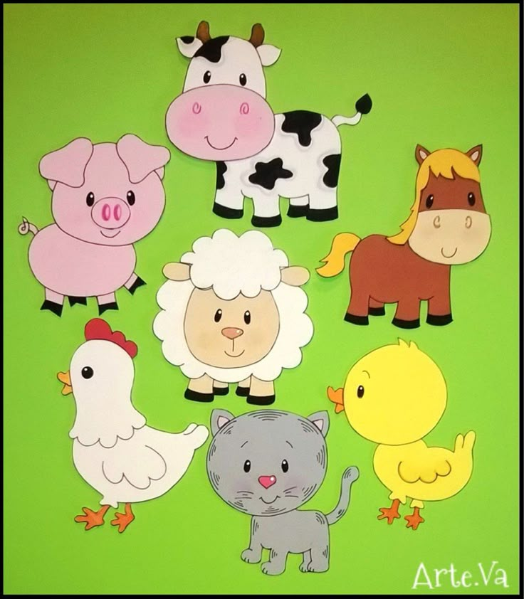 farm animals cut outs are shown on a green background