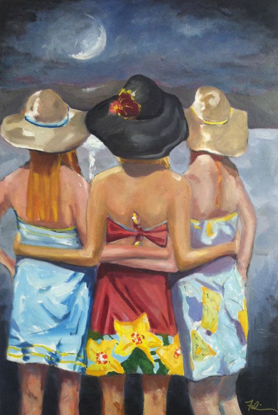 Woman art printfigure of girls sisters wall artwomen friends portrait in landscapewomen figurative wall art Three
