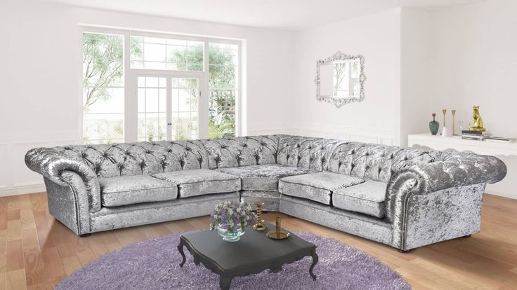 Silver Crushed Velvet 2c2 Chesterfield Nelson Corner Sofa Living Room Crushed Velvet Sofa, Chesterfield Corner Sofa Grey Velvet