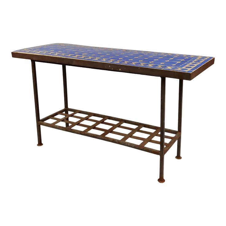 Antique Spanish Mosaic Blue Tile Top Wrought Iron Garden Console Table Tiles Antique Spanish Mosaic Blue Tile Top, Wrought Iron Console Table Outdoor