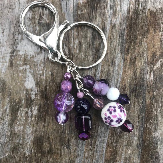 Purple Beaded Purse Charm Zipper Pull Keychain Fob