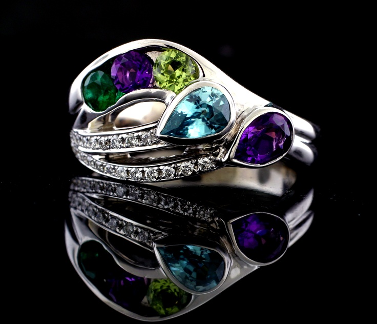 custom made mother s ring with blue zircon emerald amethyst and
