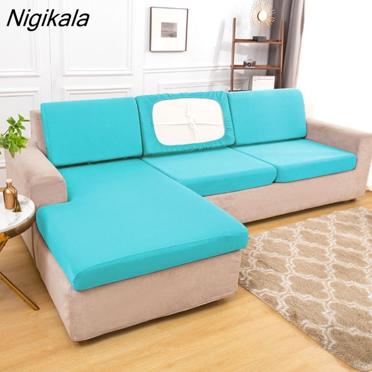 Nigikala sofa seat cover stretch sofa cushion cover elastic sofa slipcover for L shape chaselong armchair plain dyed sky blue 45X45cm pillowcase