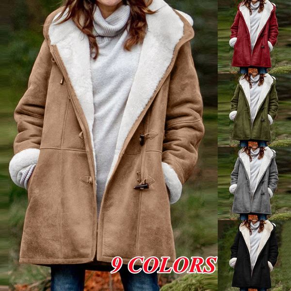 Goodxing Womens Long Sleeve Plus Size Solid Plus Velvet Coat Horn Buckle Pocket Parkas Overcoat Teddy-Fleece Lined