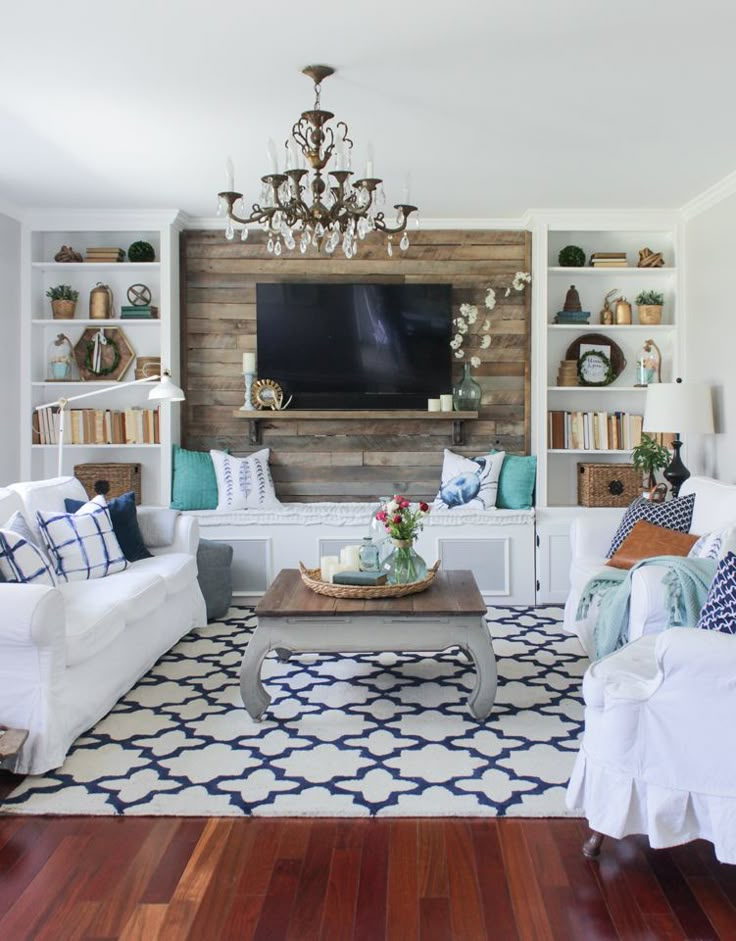 a living room filled with furniture and a flat screen tv mounted on a wall above a fireplace