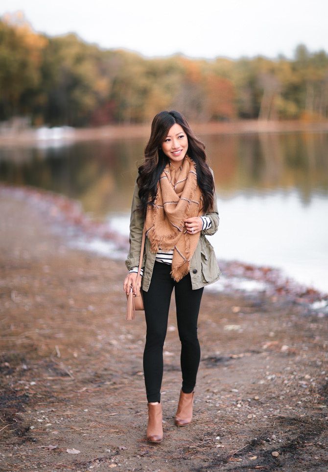 utility jacket + striped tunic tee + leggings + ankle boots