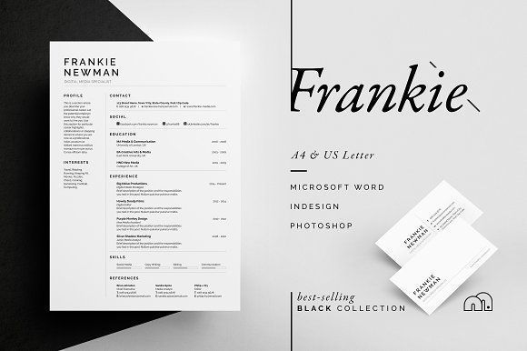Resume/CV - Frankie by bilmaw creative on @creativemarket Professional printable resume / cv cover letter template examples creative design and great covers, perfect in modern and stylish corporate business design. Modern, simple, clean, minimal and feminine style. Ready to print us letter and a4 layout inspiration to grab some ideas. In psd, indd, docs, ms word file format. #resume #cv #template #professional #word #modern #creative #design