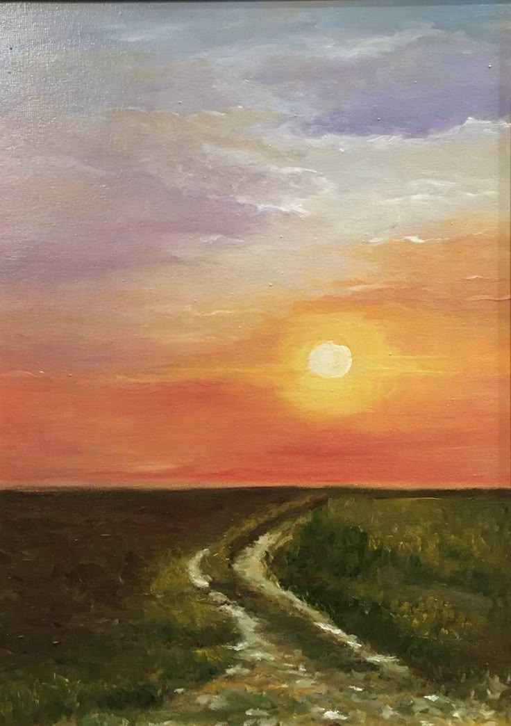 An Oil Painting Of A Sunset Over A Field With A Dirt Road Going Through It An Oil Painting Of A Sunset Over A Field With A Dirt Road Going Through It