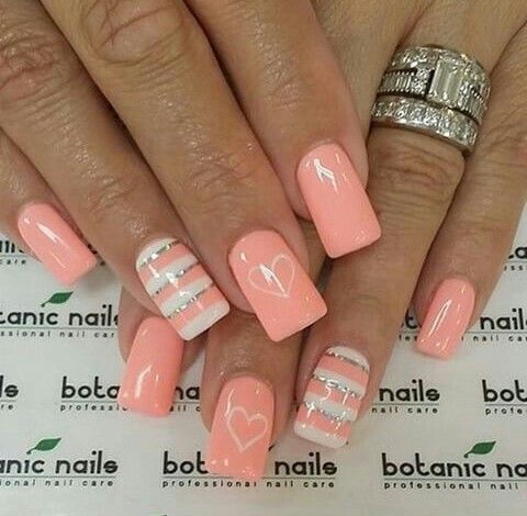 Best 25+ Peach Colored Nails Ideas On Pinterest Summer Shellac Pink nails. Peach color nails with silver and white stripes. Pretty. Heart. - Best 25+ Peach Colored Nails Ideas On Pinterest Summer Shellac