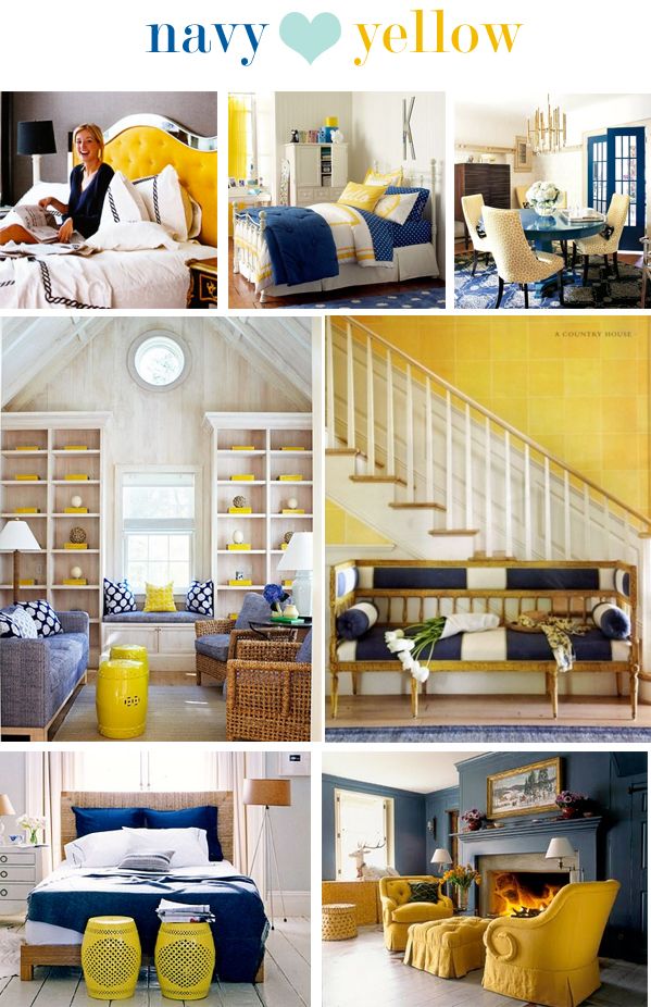 Navy Blue + Yellow Home, Home decor, Navy yellow bedrooms