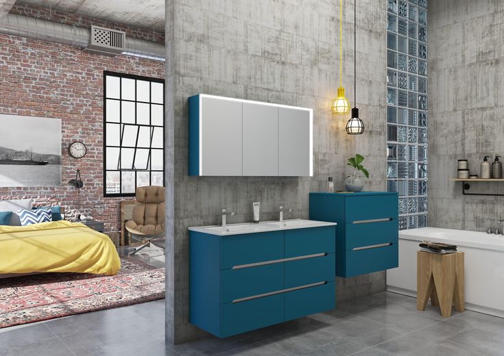 Coloris bleu canard. Caisson meuble doublevasque laqué 2 faces avec poignées Prise de mains Coloris bleu canard. Caisson meuble doublevasque laqué 2 faces avec poignées Prise de mains