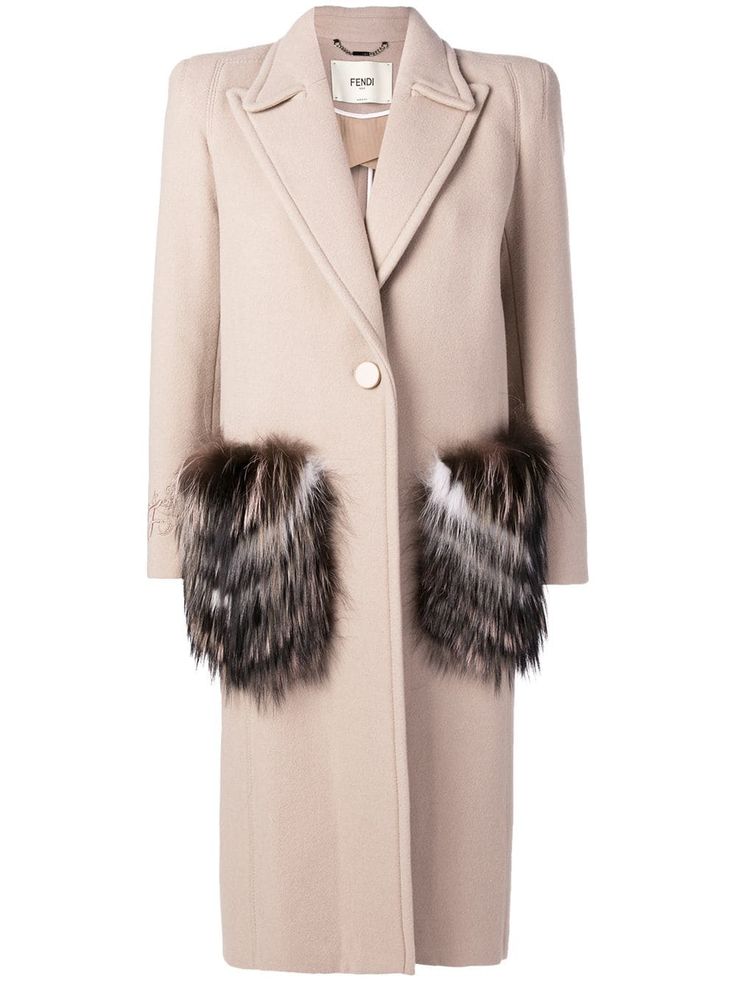 Fendi Powder Wool Coat With Fur Detail In Neutrals Modesens Fendi Fur Coat, Fendi Wool Coat With Fur Pockets