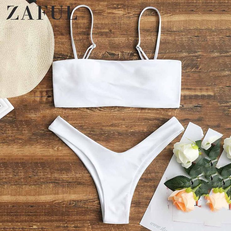 ZAFUL Bikini Cami High Cut Bikini Set Elastic Wire Free Solid Swim Suit Beach Ho...