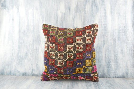 18x18 Anatolian Kilim Pillow, Kilim 18x18 Pillow Covers, Handwoven Pillow
