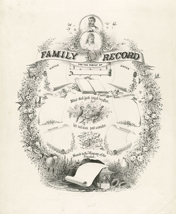7. Family Record. CREATED/PUBLISHED: c1872 Size 42 x 34 centimeters. The original gift will be a family record in the old style. Print out the image you like and frame it. These images you can download high quality file from the site artfamilytree.com
